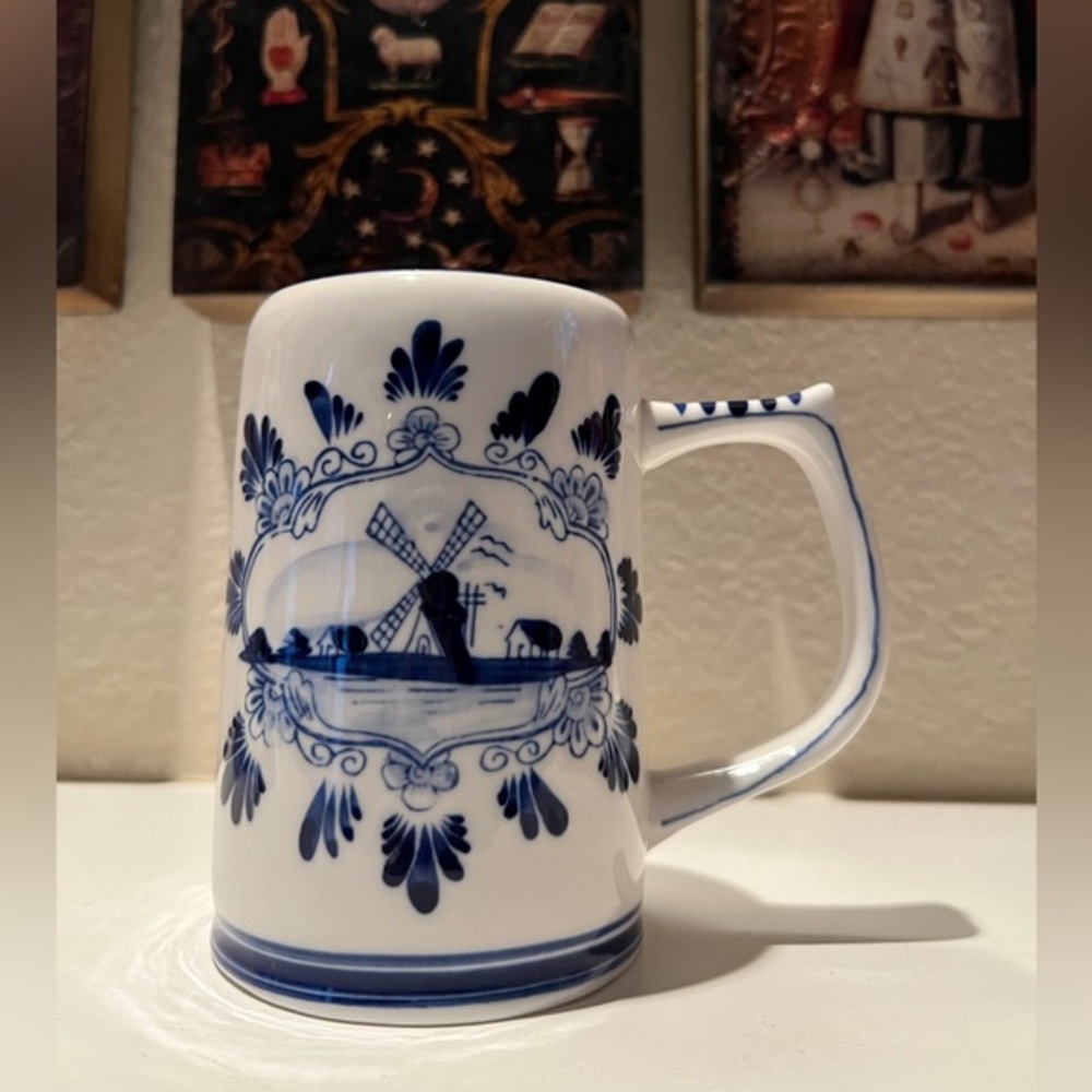 Vintage E&H Delft Blue Mug Stein Hand Painted‎
